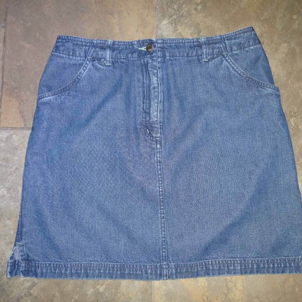 J Jill Skirt 10 Blue Denim Jean Classic Casual front zip Flattering Slit sides